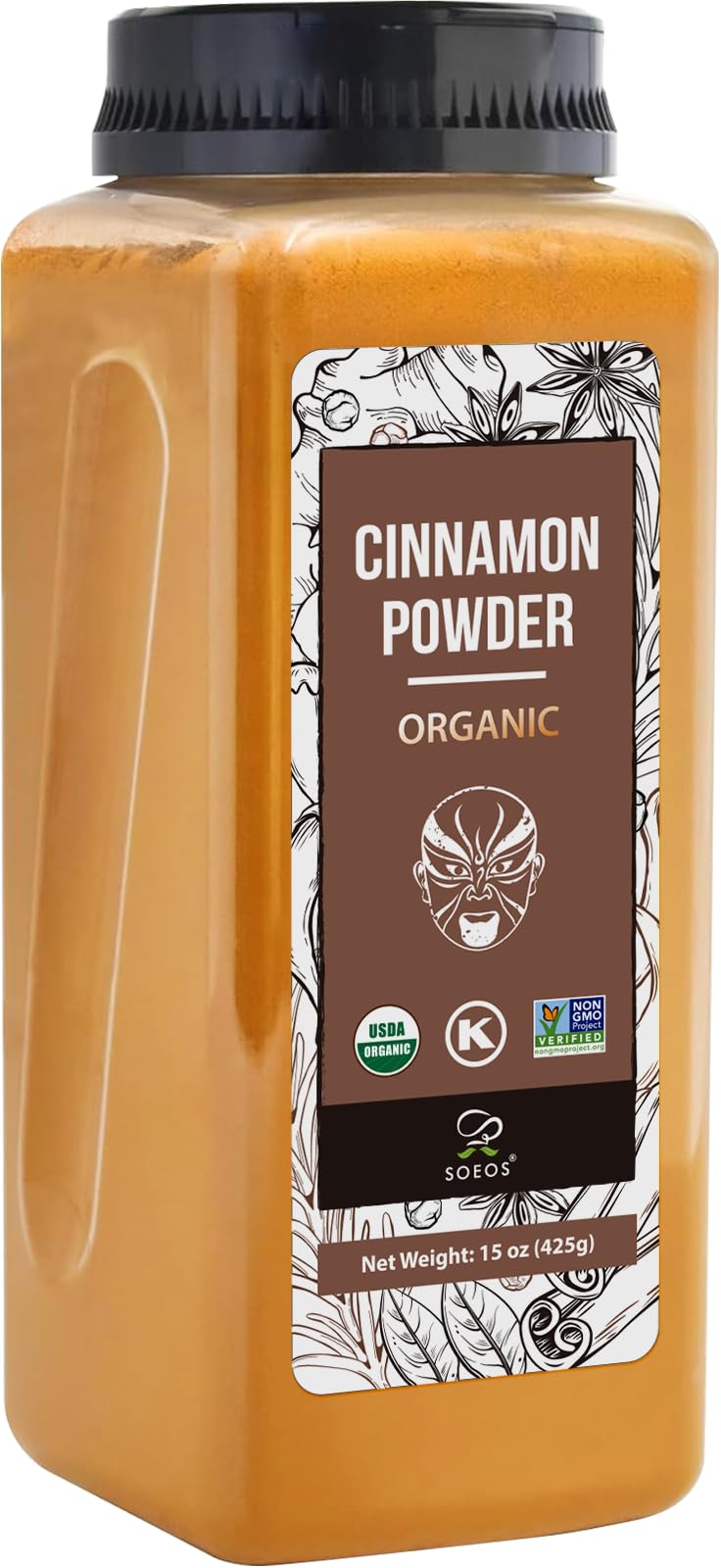 Soeos Cinnamon Powder Organic  15 Ounce (425g) Bottle  Ground Cinnamon Powder  USDA  Non-GMO and Kosher Certified  Seasoning Spice for Tea  Coffee  Baking  Desserts  Cooking and Beverages