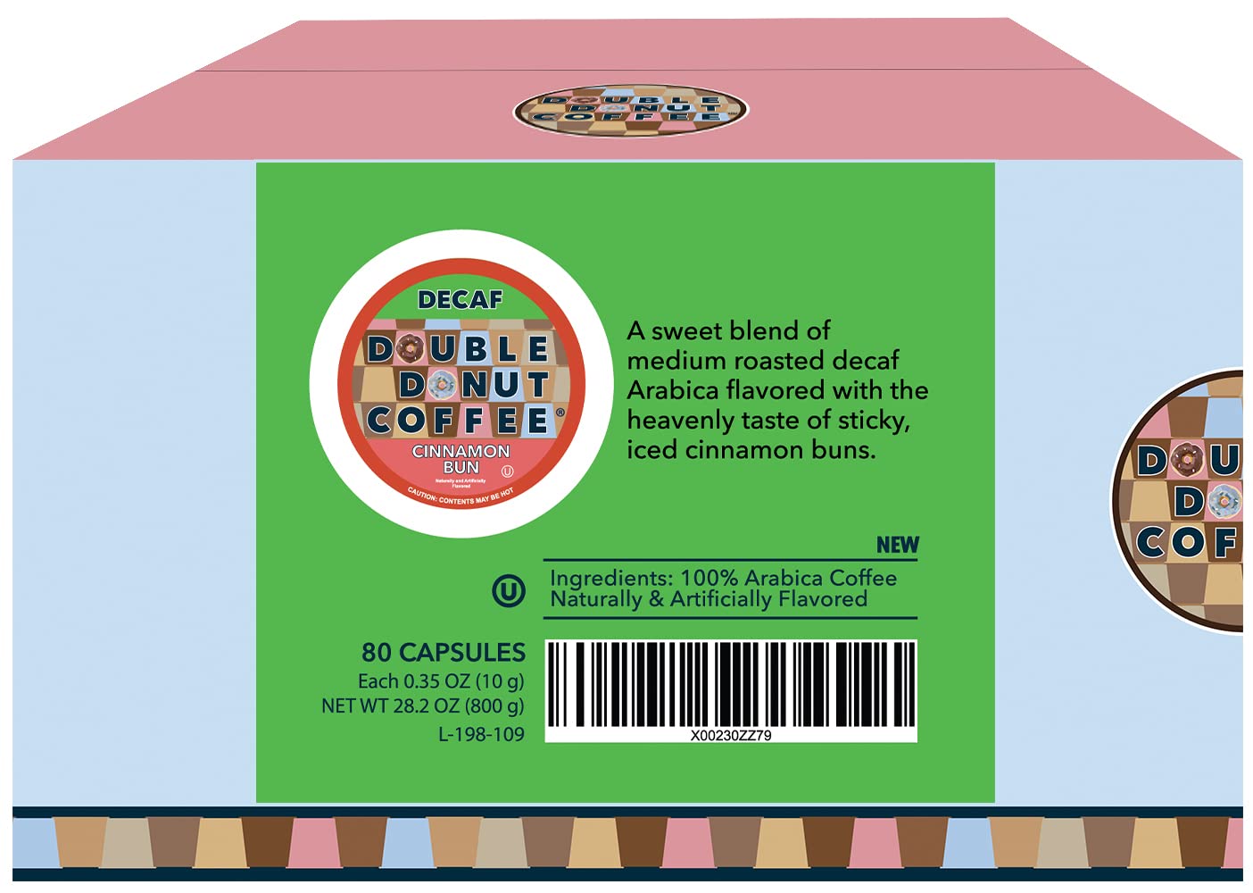 Double Donut Coffee Decaf Pods, Cinnamon Bun Flavor, 80 Count for Keurig, Recyclable Single Serve Coffee Pods
