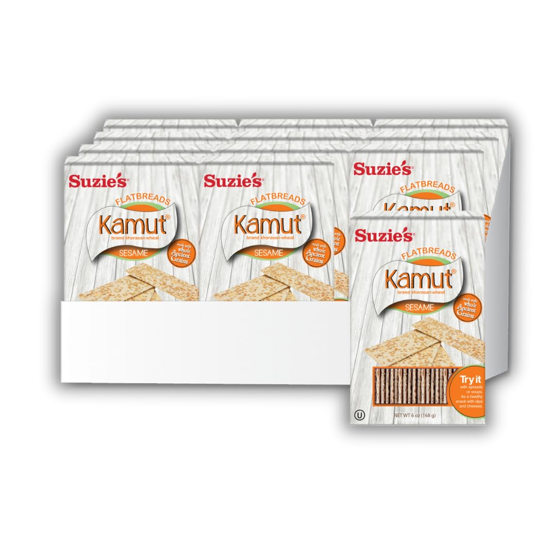 Suzies Kamut Sesame Flatbread Crackers| Pack of 12 | Low-Fat & Vegan, Kosher, Whoelgrain | Low Carb Healthy Snack Option | 4.5 