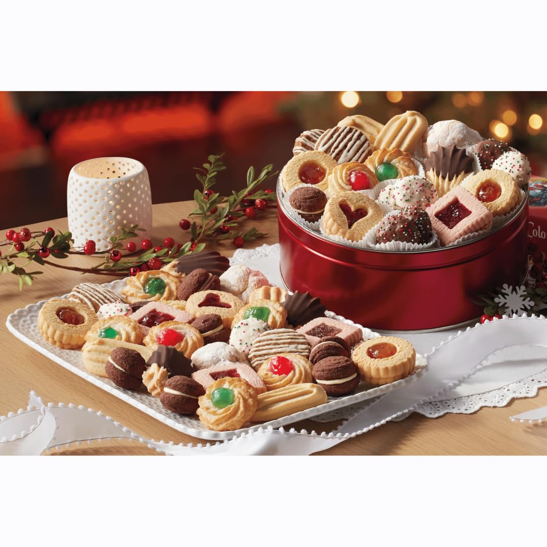 The Swiss Colony Holiday Cookies Gift Tin- Assorted Chocolate Sandwiches, Vanilla Fingers, Apricot Galettes, Festive Dessert Coo