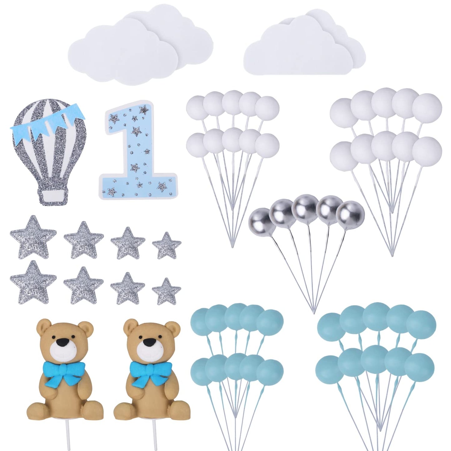 Blingabc Bear Cake Topper 49Pcs,3D Twin Bears With Balls Clouds Glitter Stars Cake Decoration For Boy Birthday Baby Shower Teddy