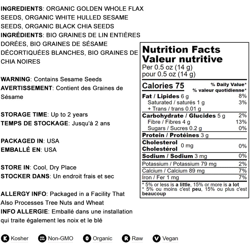 Food To Live Organic Omega-3 Seeds Mix With Flax, Chia And Sesame, 5 Pounds Non-Gmo Whole Seeds, Raw, Kosher, Vegan. Rich In Ome