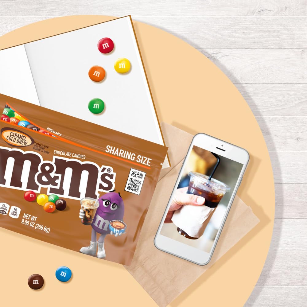 M&M S Caramel Cold Brew Chocolate Candy, Sharing Size, Resealable Bag, 9.05 oz, Pack of 8