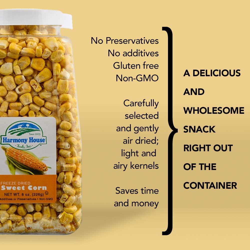 Premium Sweet Corn Freeze-Dried - 100% Natural, Healthy Snack, 8 Oz, Quart Size Jar By Harmony House Foods