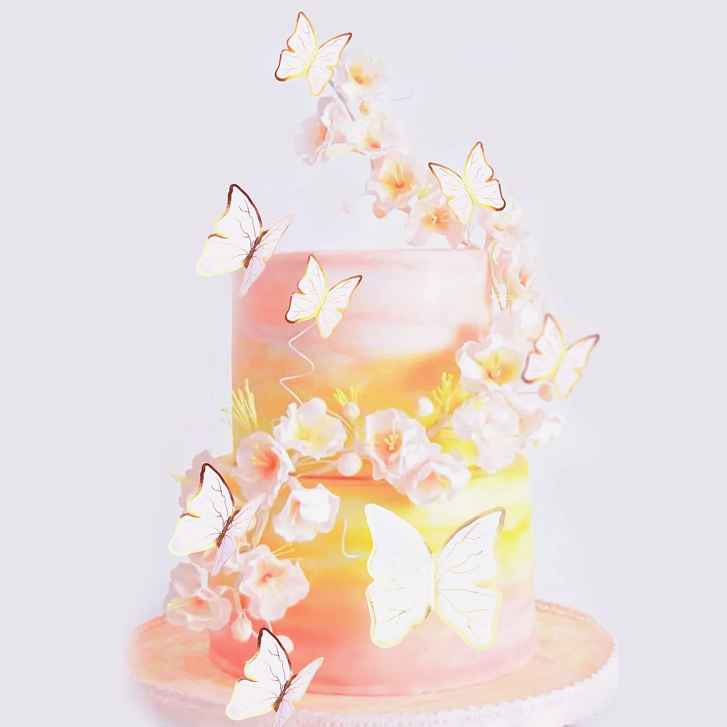 Cyodoos 30Pcs White Gold Edge Mixed Size Lively 3D Waterproof Butterfly Cupcake Topper For Girls Women'S Happy Birthday Wedding