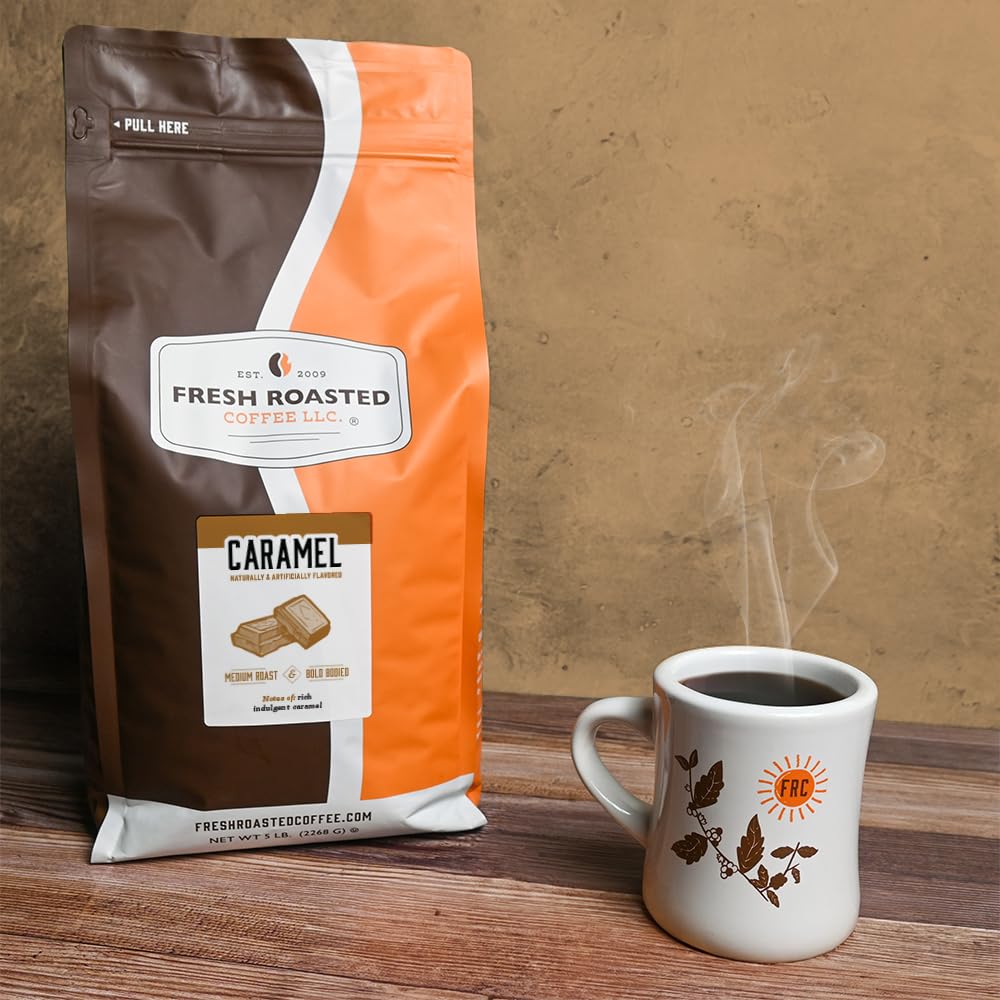 Fresh Roasted Coffee, Caramel Flavored Coffee, 5 Lb (80 Oz), Medium Roast, Kosher, Ground