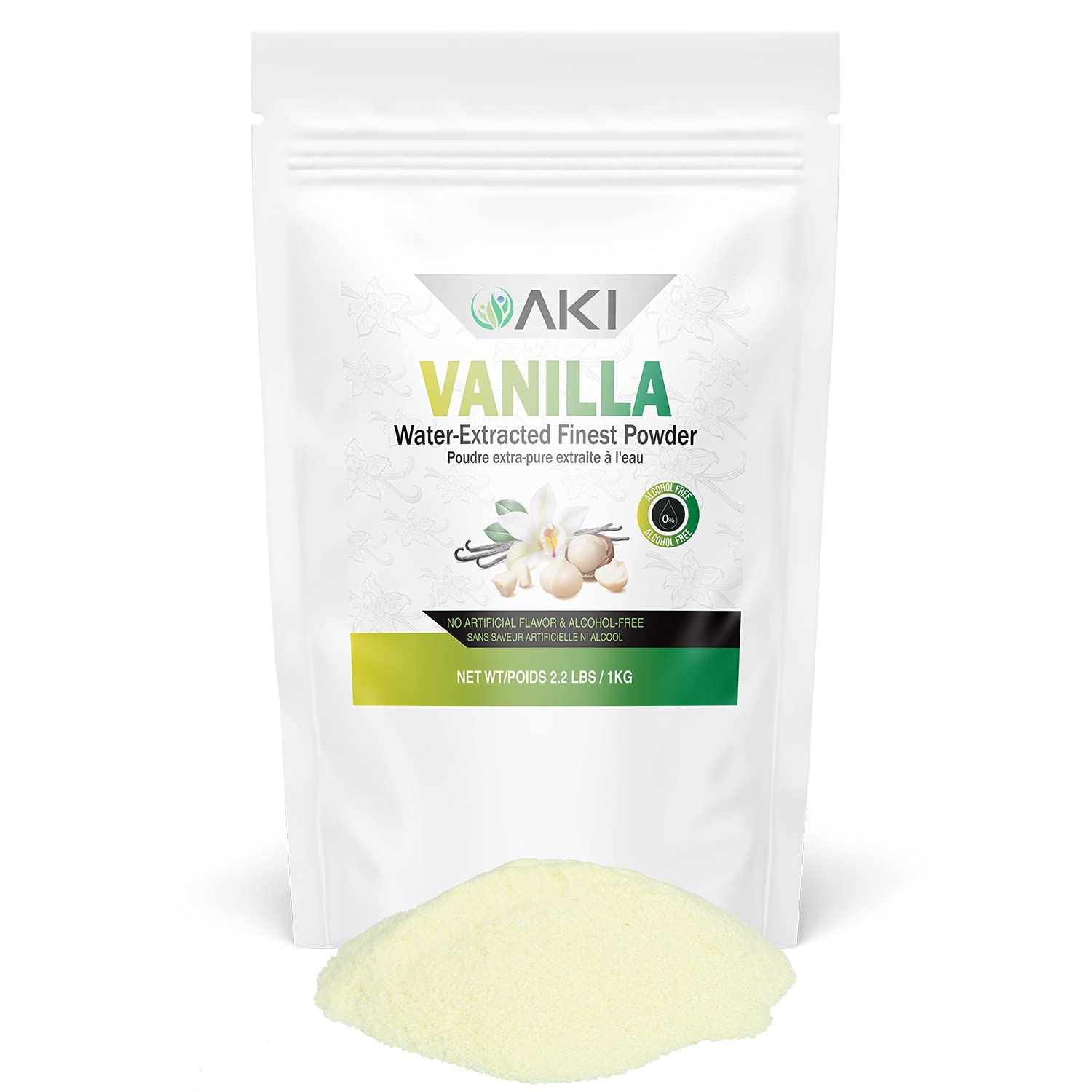 Aki Vanilla Extract Powder (2.2Lbs/1Kg) From Authentic Beans For Delicious Flavoring, Cooking, Baking, Drinks, Tea, Coffee, Smoothies, Cocktails - Sugar-Free &  -Free