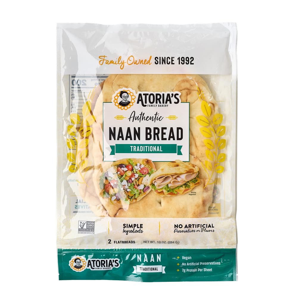 Atoria's Family Bakery Traditional Naan | Non-GMO, Vegan (8 Pack, 16 Flatbreads Total) 8-Packs of 2 Sheets (16 Sheets)