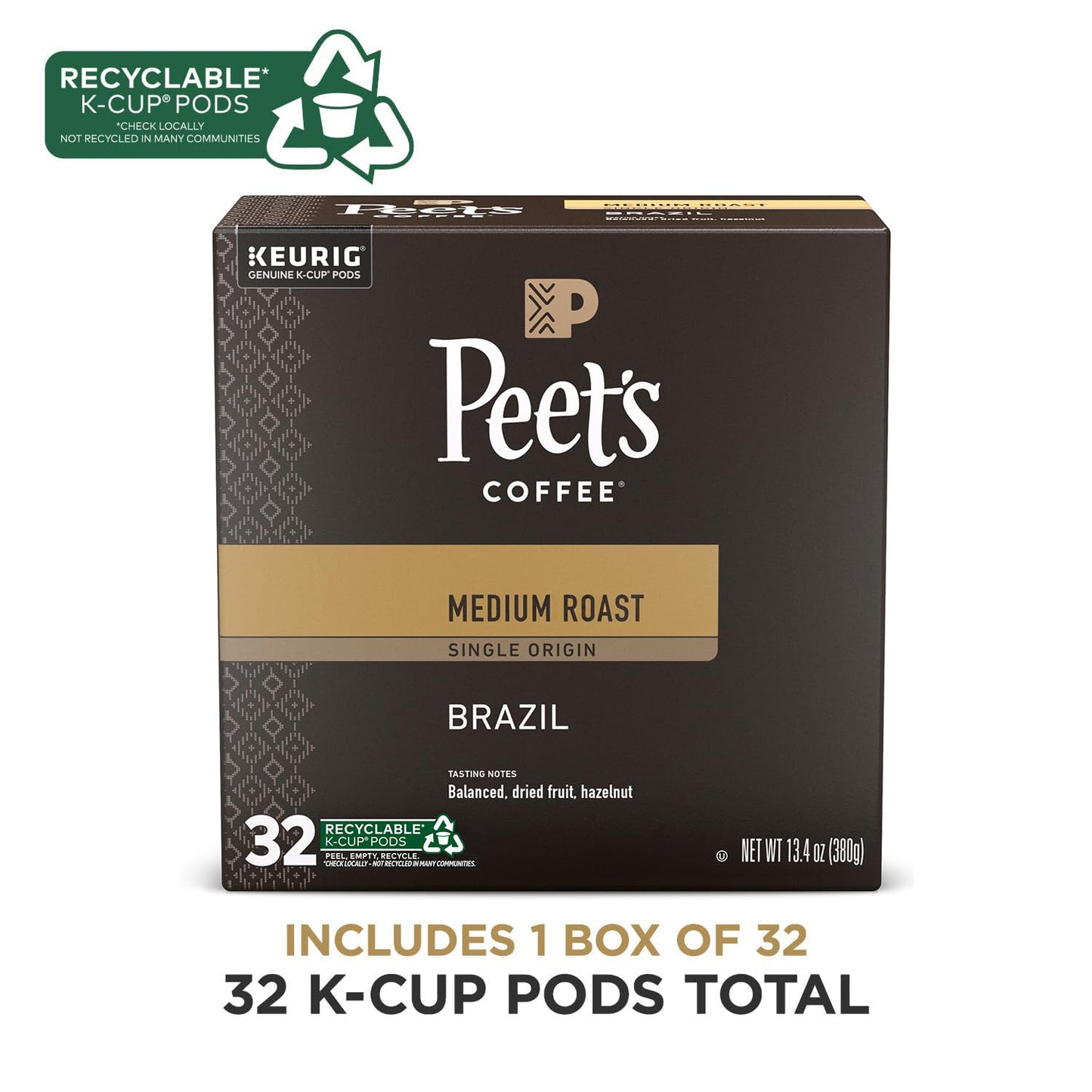 Peets Coffee Medium Roast K-Cup Pods, Single Origin Brazil, 32 Count, Model 512487