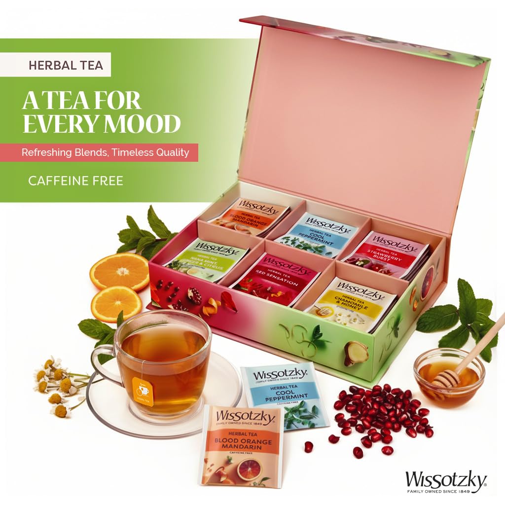 Wissotzky Herbal Tea Variety Pack Sampler - Caffeine-Free Gift Box with 6 Flavors, 42 Individually Wrapped Bags - Ideal for Holidays & Gifting