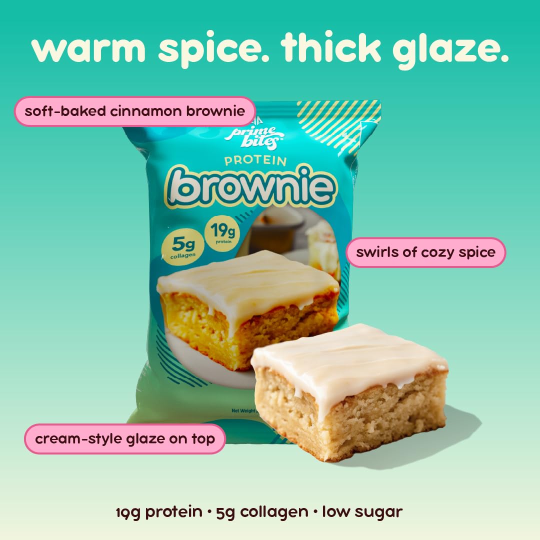 Prime Bites Protein Brownie From Alpha Prime Nutrition Products | High Protein, Collagen Fortified Low Sugar Treat | Delicious Snack | 12 Bars Per Box (Glazed Cinnamon Roll)