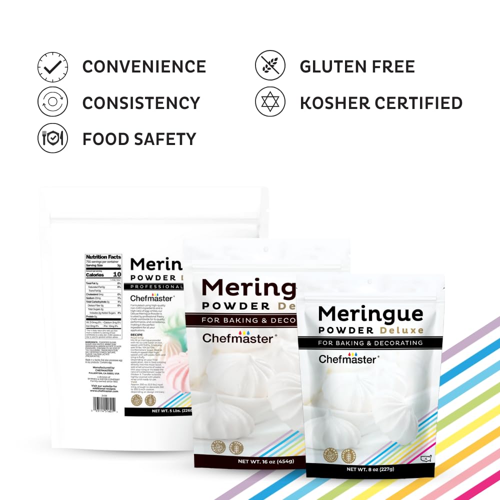 Chefmaster Meringue Powder Deluxe, Professional-Grade Egg White Substitute For Meringue Cookies, Pie Filling, Royal Icing, Non-Gmo, Easy-To-Use, Made In Usa, 16 Oz