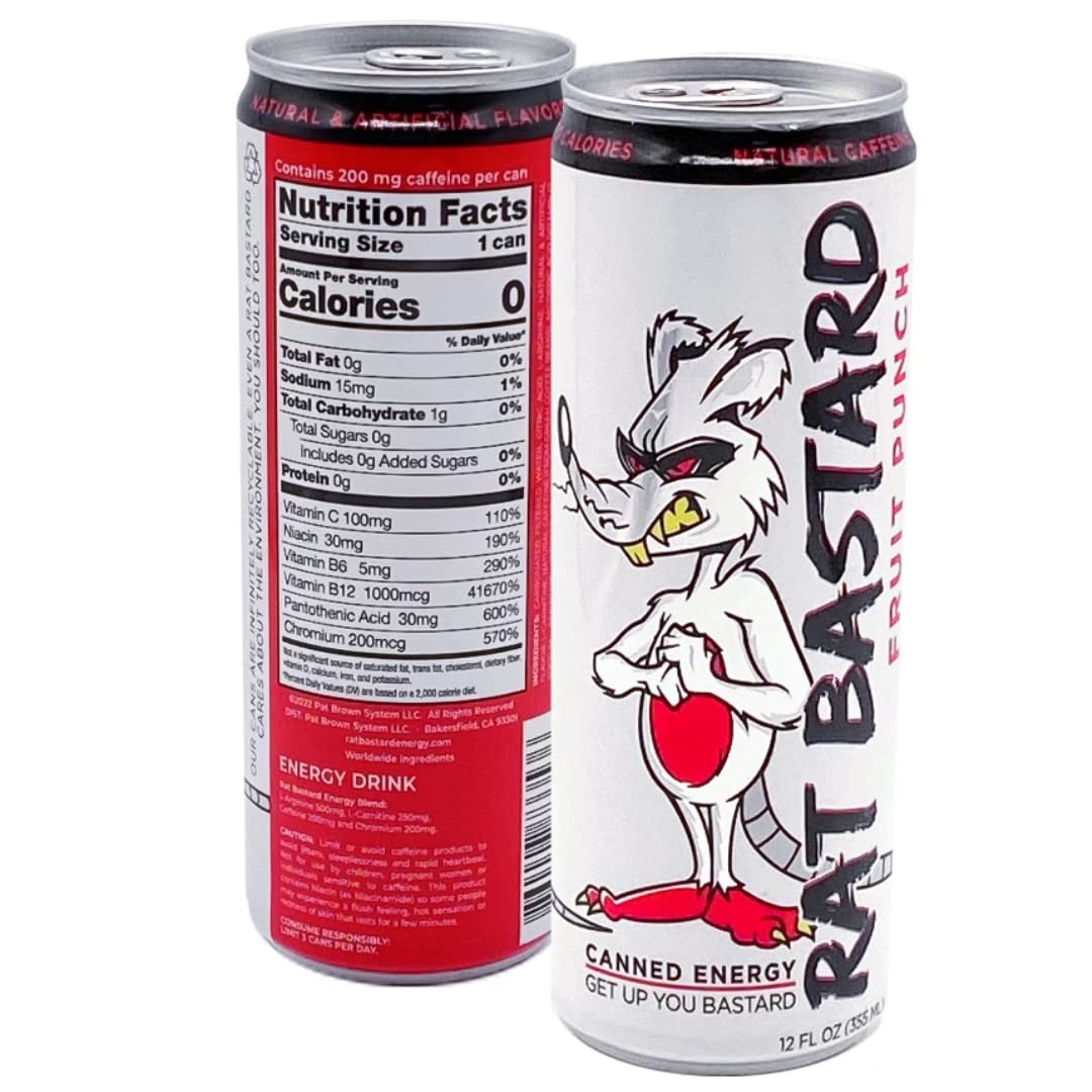 RAT BASTARD Energy Drink - Sugar-Free Caffeinated Beverage, Fruit Punch Flavor, 12 fl oz Can (Case of 12)