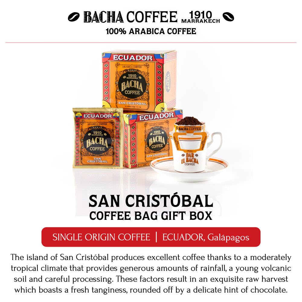 Bacha Coffee | San Crist  Bal Ecuador Single Origin, 100% Arabica Beans, Medium Dark Roast, X12 Individually Wrapped Single Serv