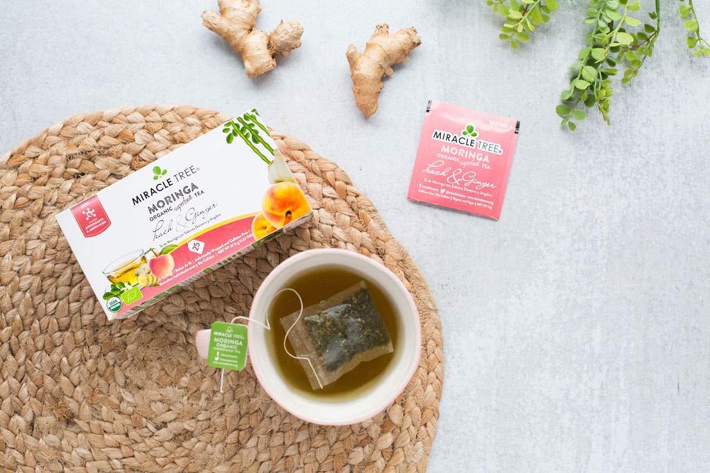 Tree Organic Moringa Superfood Tea, 25 Individually Sealed Bags, Peach & Ginger, 3 Count, Vegan, Gluten-Free, Caffeine-Free
