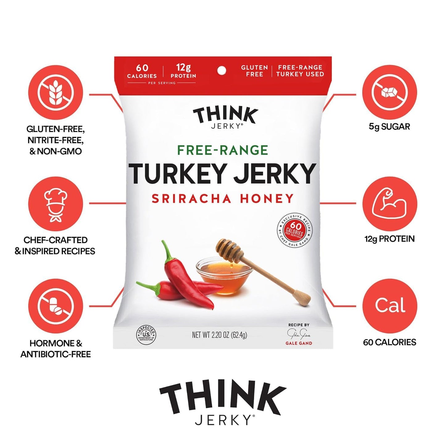 Think Jerky Sriracha Honey Turkey Jerky, High Protein, Gluten Free, Low Calorie, 1 oz Bags, 12 Pack