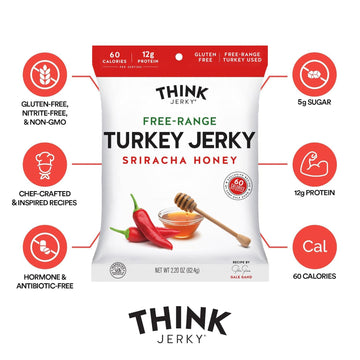 Think Jerky Sriracha Honey Turkey Jerky, High Protein, Gluten Free, Low Calorie, 1 oz Bags, 12 Pack