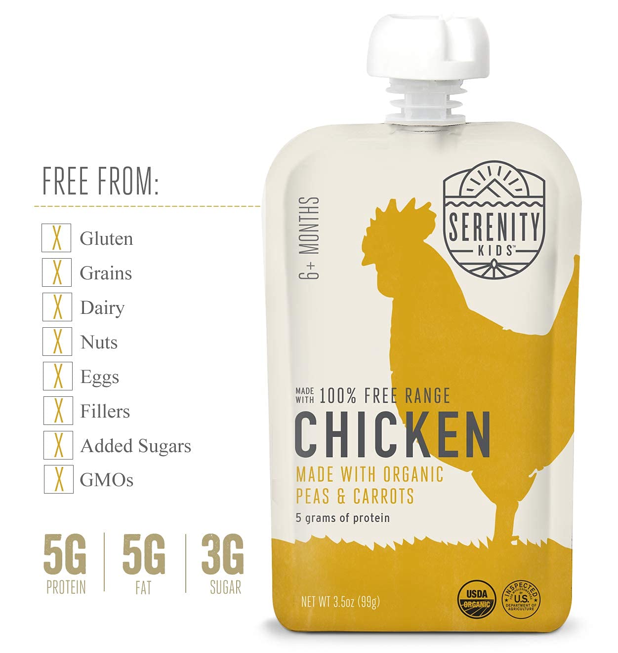 Serenity Kids 6+ Months Baby Food Chicken Pouch Puree - Ethically Sourced Free-Range Chicken & Organic Peas & Carrots - No Added Sugar & Protein-Rich & Bpa-Free Toddler Food - 3.5 Oz, 12 Pack