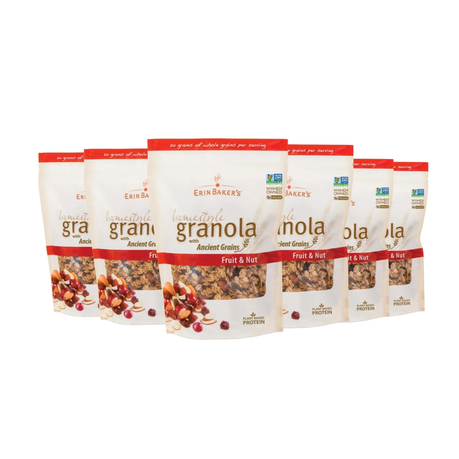 Erin Bakers Homestyle Granola Cereal with Ancient Grains, Fruit and Nut - Made from Natural Ingredients, Source of Plant-Based Protein - Vegan Friendly, Non-GMO, 12oz Bags, 6-Pack