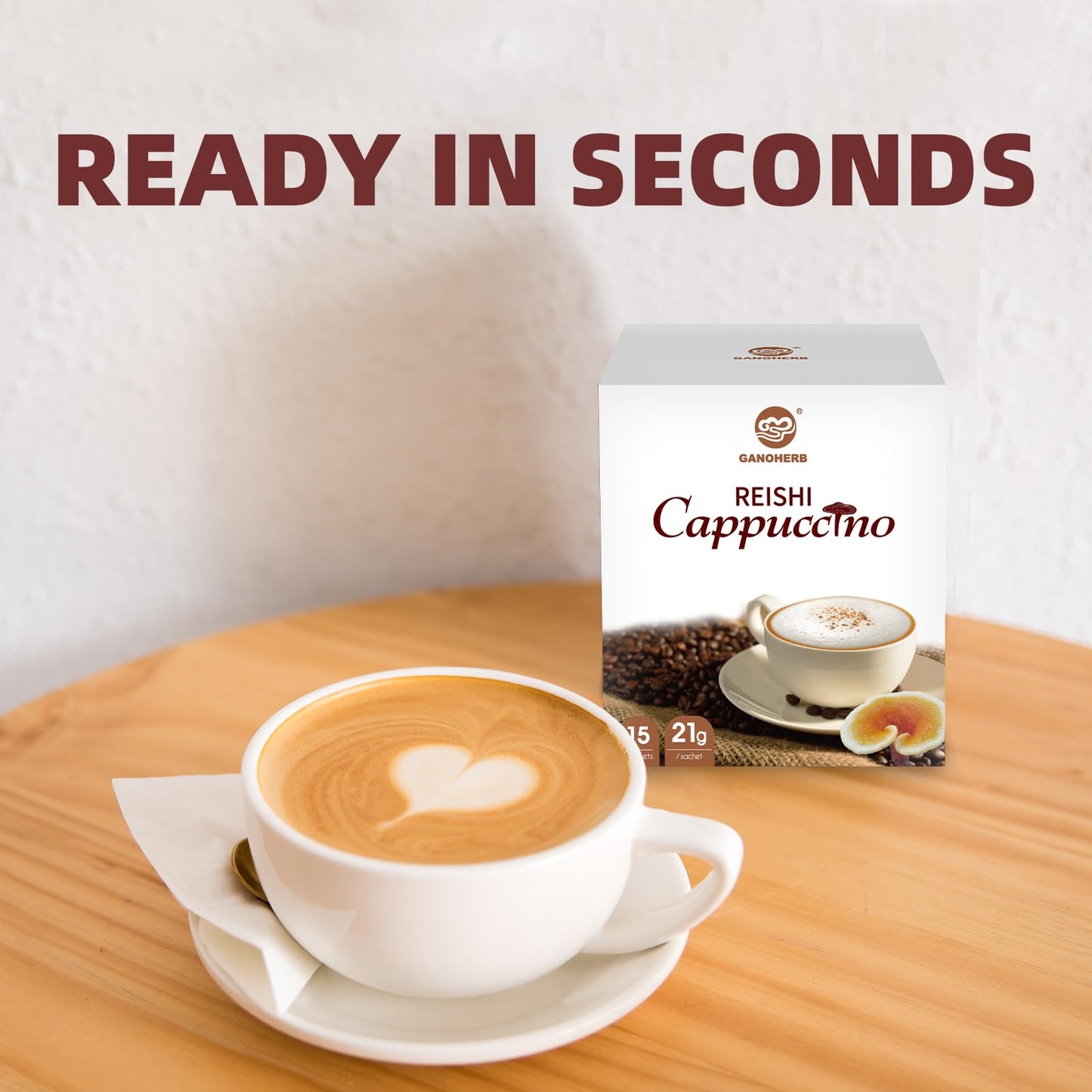 GANOHERB Mushroom Coffee Alternative Cappuccino Mix, Instant Superfood Drink, 11.1oz, 15 Count