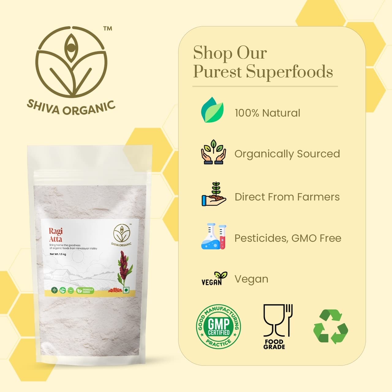 Shiva Organic Ragi Atta - 1.5 Kg | Finger Millet Flour | High Protein, Gluten-Free | Stone Ground, Ancient Grain | Sourced From Nature