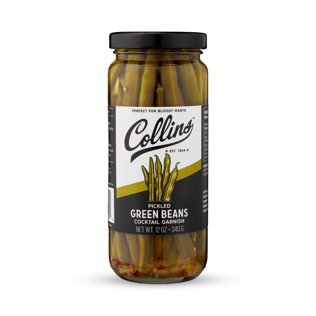 Collins Gourmet Pickled Green Beans For Cocktails - Spicy Crunchy Green Beans - Enhanced Condiment Garnish For Cocktails, Bloody Mary, Antipasto, Condiments, Or Salads - 12Oz