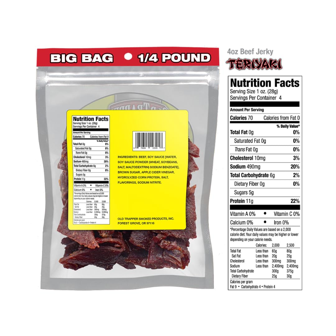 Old Trapper Teriyaki Beef Jerky Gift Set, Traditional Style Real Wood Smoked Beef Jerky, Made From 100% Top Round Steaks, Pack Of 2, 4 Oz. Resealable Bags With Bonus Old Trapper Magnet By Lyzas Sweets &