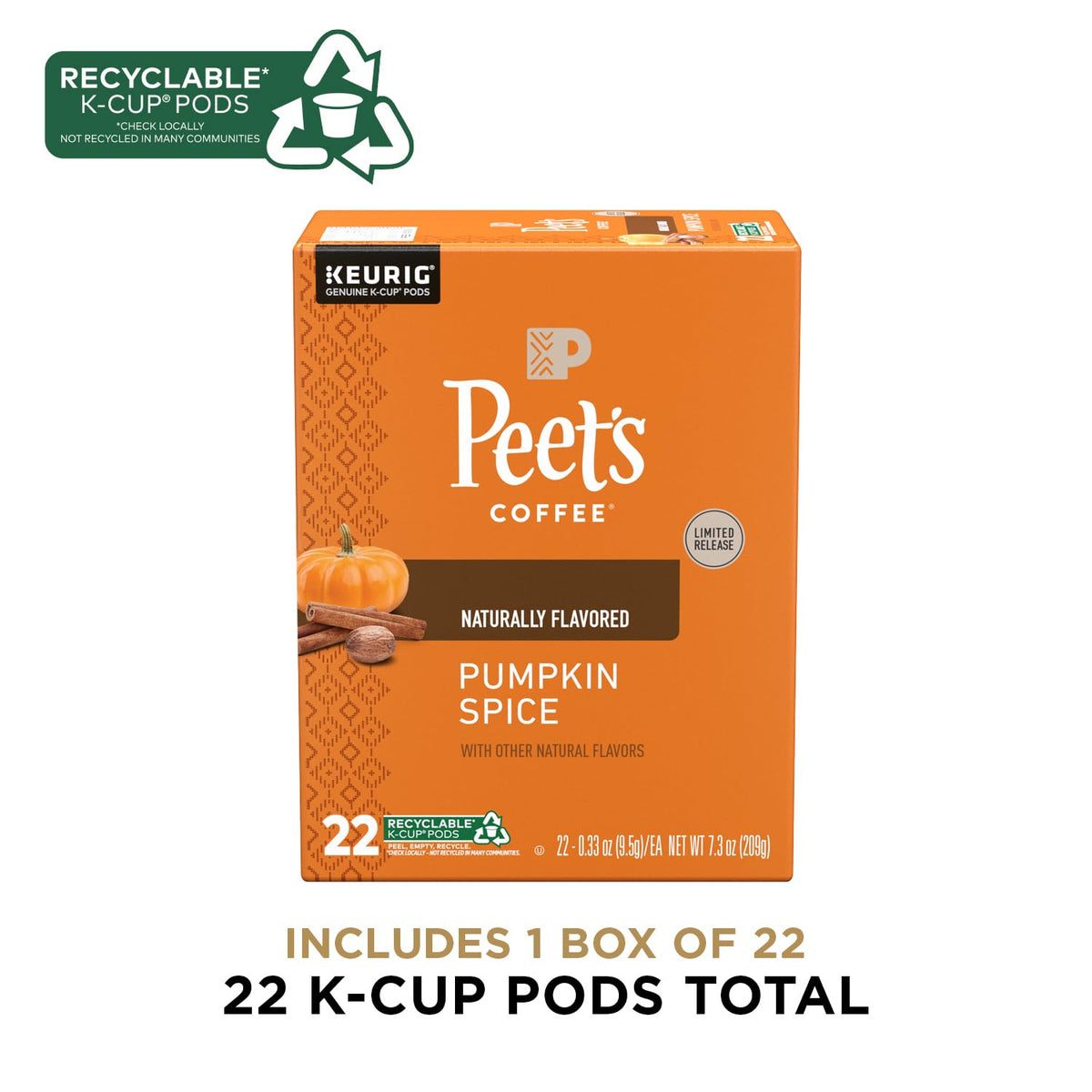 Peets Coffee Flavored Light Roast K-Cup Pods, Pumpkin Spice, 22 Count, Caramel Brûlée
