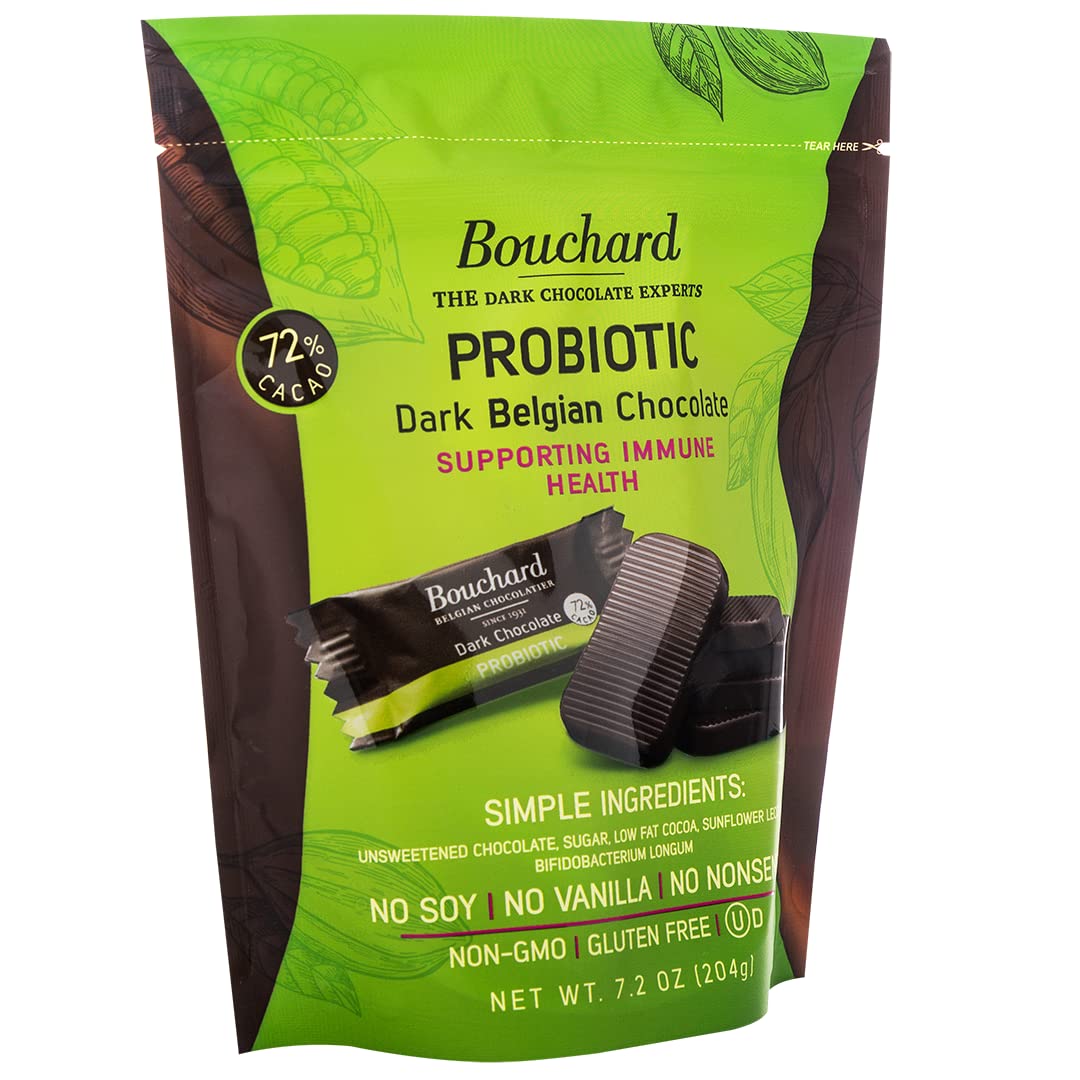 Bouchard Probiotic Dark Belgian Chocolate (72% Cacao) | Individually Wrapped in Resealable Bag | No Soy, No Vanilla, No Nonsense