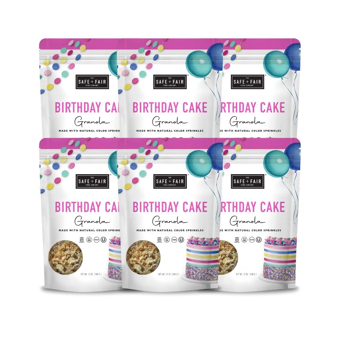 Safe + Fair Birthday Cake Granola - Gluten-Free, Vegan & Plant-Based Snack with Natural Sprinkles - 0g Trans Fat, Non-GMO, Koshe