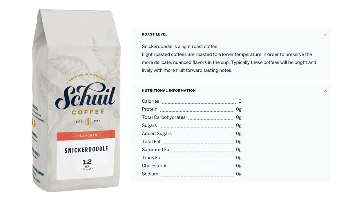 SCHUIL Snickerdoodle Flavored Coffee, Light Roast, 12oz Bag, Fair Trade, Whole Bean