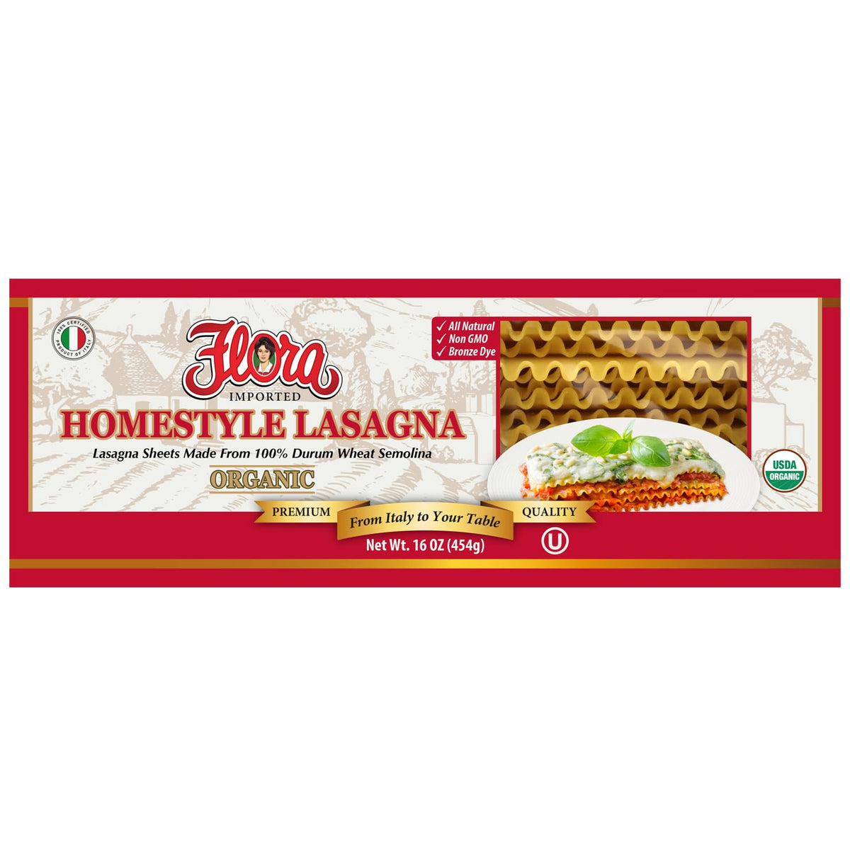 Flora Foods Organic Homestyle Lasagna | Lasagna Sheets Made From 100% Durum Wheat Semolina | 16 oz (454g) | 100% Italian | All N