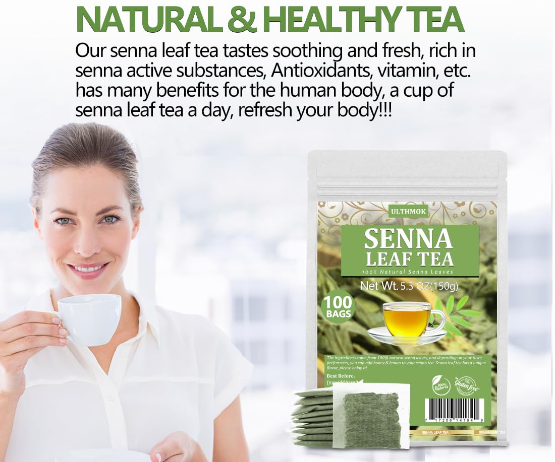 ULTHMOK Premium Senna Tea Bags, 100% Natural, Caffeine Free, 100 Count