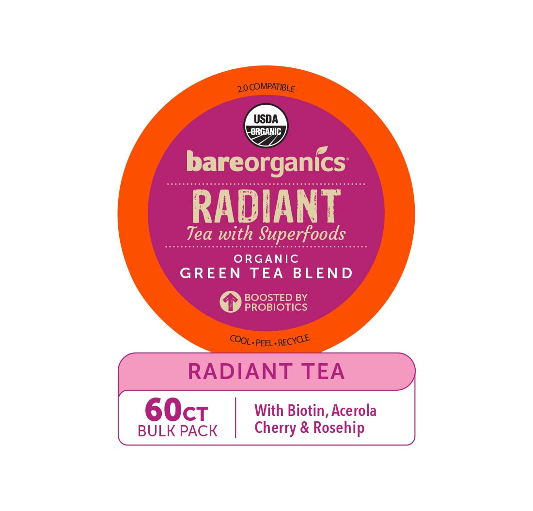 BareOrganics Radiant Tea Withuperfoods & Probiotics | Compatible Tea Pods | USDA Certified Organic  Vegan  Non-GMO & Recyclable 60ct