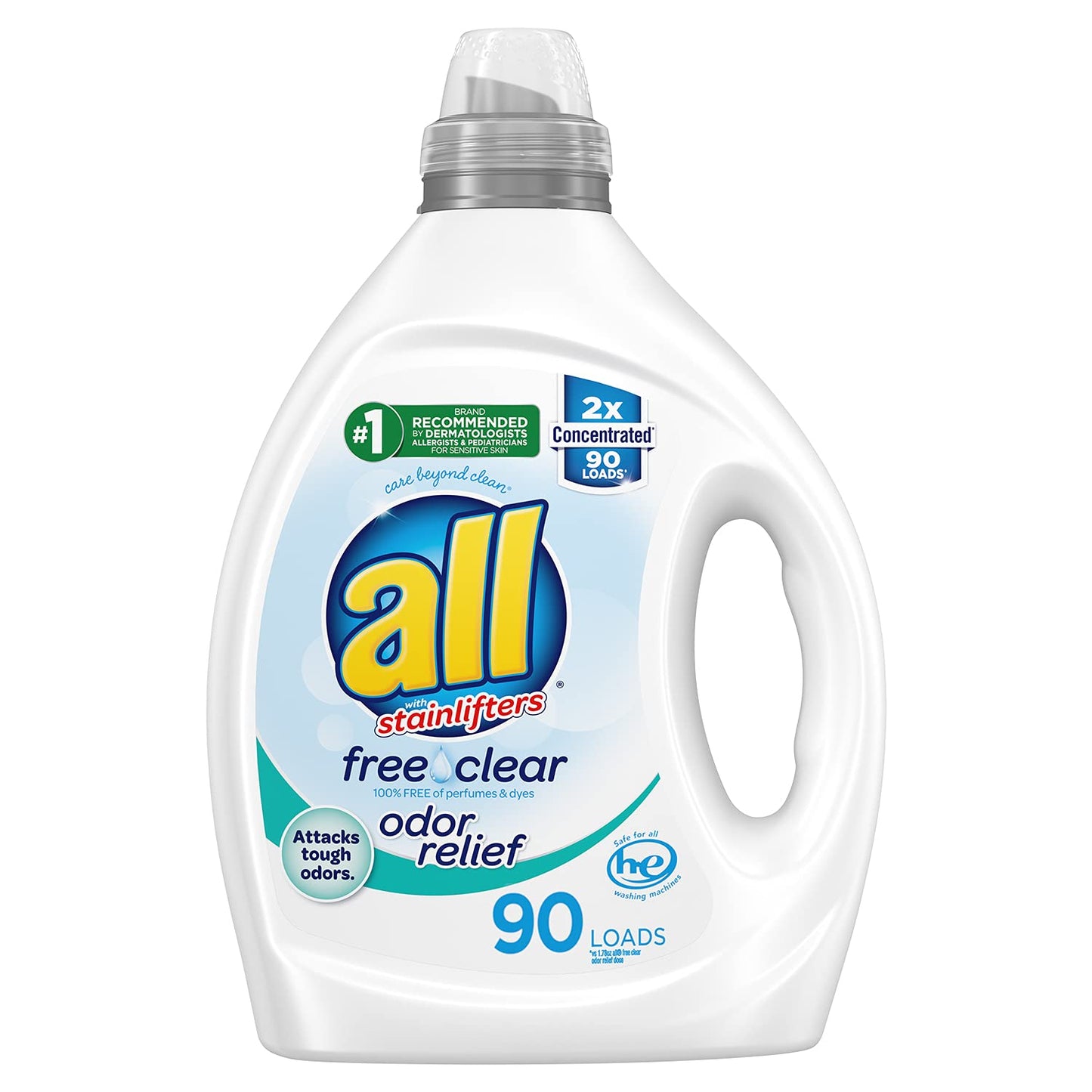 All Laundry Detergent Liquid, Free Clear For Sensitive Skin, Odor Relief, Unscented And Hypoallergenic, 2X Concentrated, 90 Load