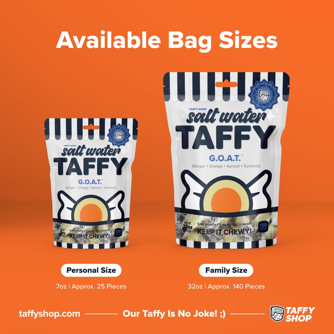 Taffy Shop G.O.A.T, Ginger Orange Apricot tumeric Salt Water Taffy - Gourmet Soft Chewy Candy, Bulk Sweet Snack, Fresh Gift & Gl
