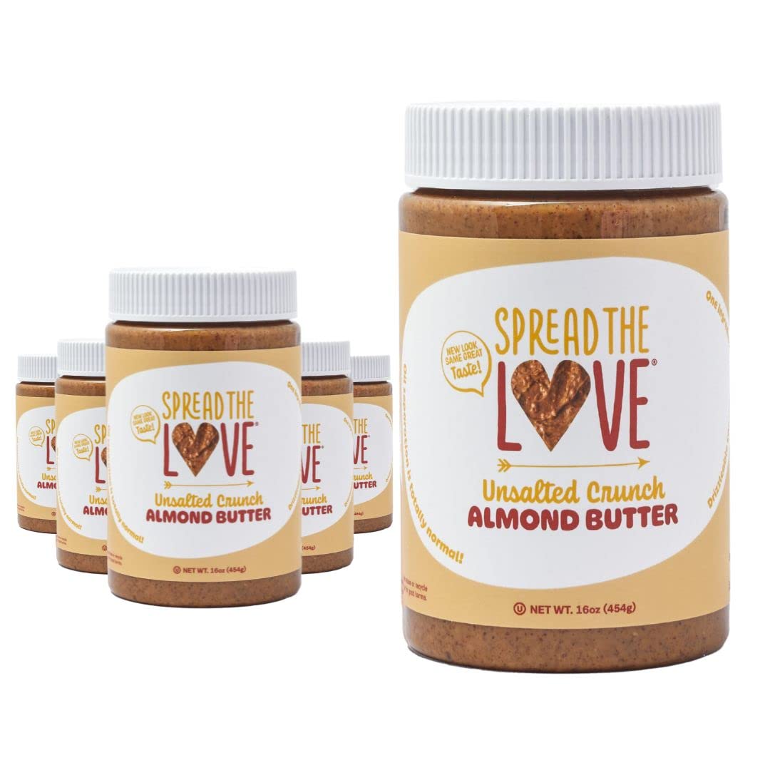 Spread The Love Unsalted Crunch Almond Butter  All Natural  Vegan  Gluten Free  Creamy  No Added Salt Or Sugar  No Palm Fruit Oil  Not Pasteurized With Ppo  Made In California (6-Pack)