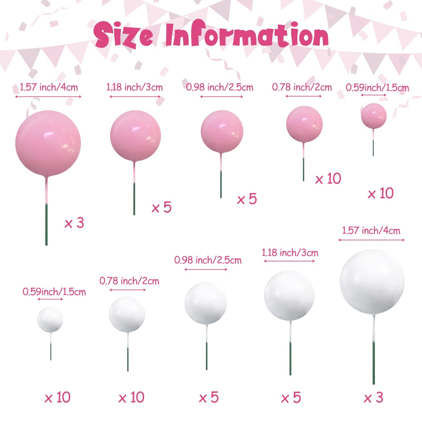 Jetec Mini Balloon Cake Topper Set, 66 Pieces, Foam and Faux Pearl, Pink and White for Birthday, Graduation, Baby Shower