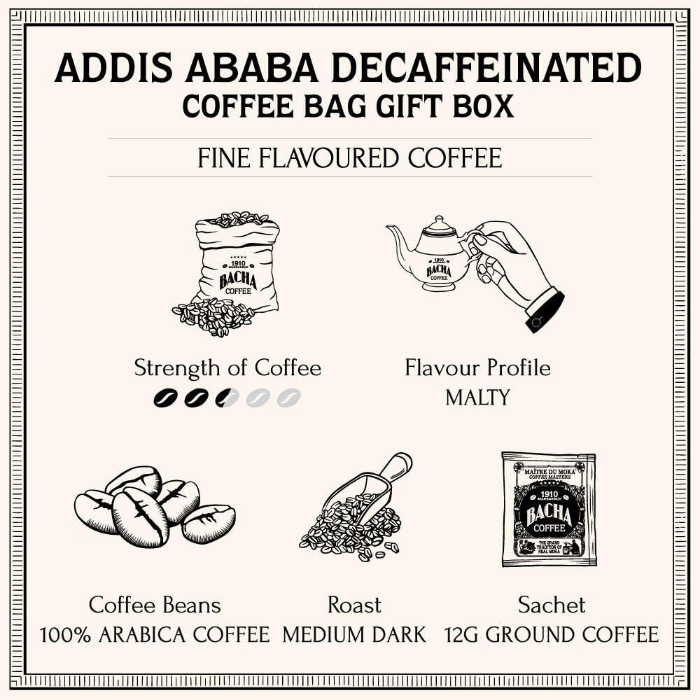 Bacha Coffee | Addis Ababa Decaffeinated Fine Flavoured, 100% Arabica Beans, Medium Roast, 12 * 12G Individually Wrapped 100% Ar
