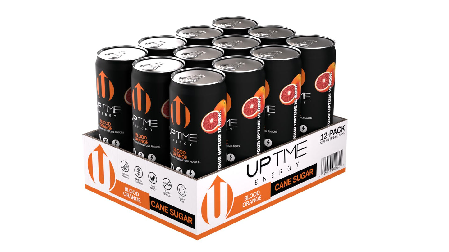 UPTIME Premium Energy Drink - Blood Orange Flavor, 12oz Bottles, 12 Pack, Sparkling, Natural Caffeine