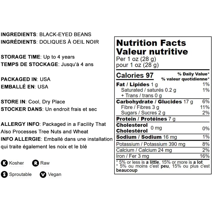 Food To Live Black-Eyed Peas, 3 Pounds - Raw Dried Whole Cow Peas, Kosher, Vegan, Sproutable. High In Dietary Fiber, Easy To Cook. Product Of The Usa