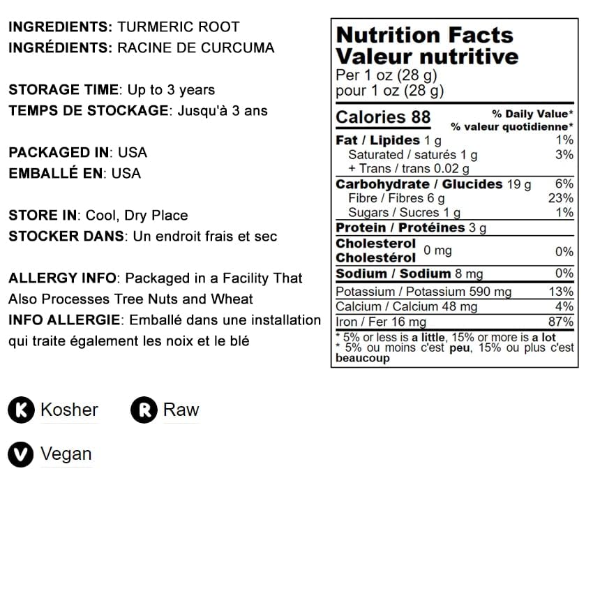 Food to Live - Turmeric Powder, 1 Pound Finely Ground Turmeric Root, Pure, Kosher, Vegan, Bulk. Fragrant Spice. Contains Curcumi