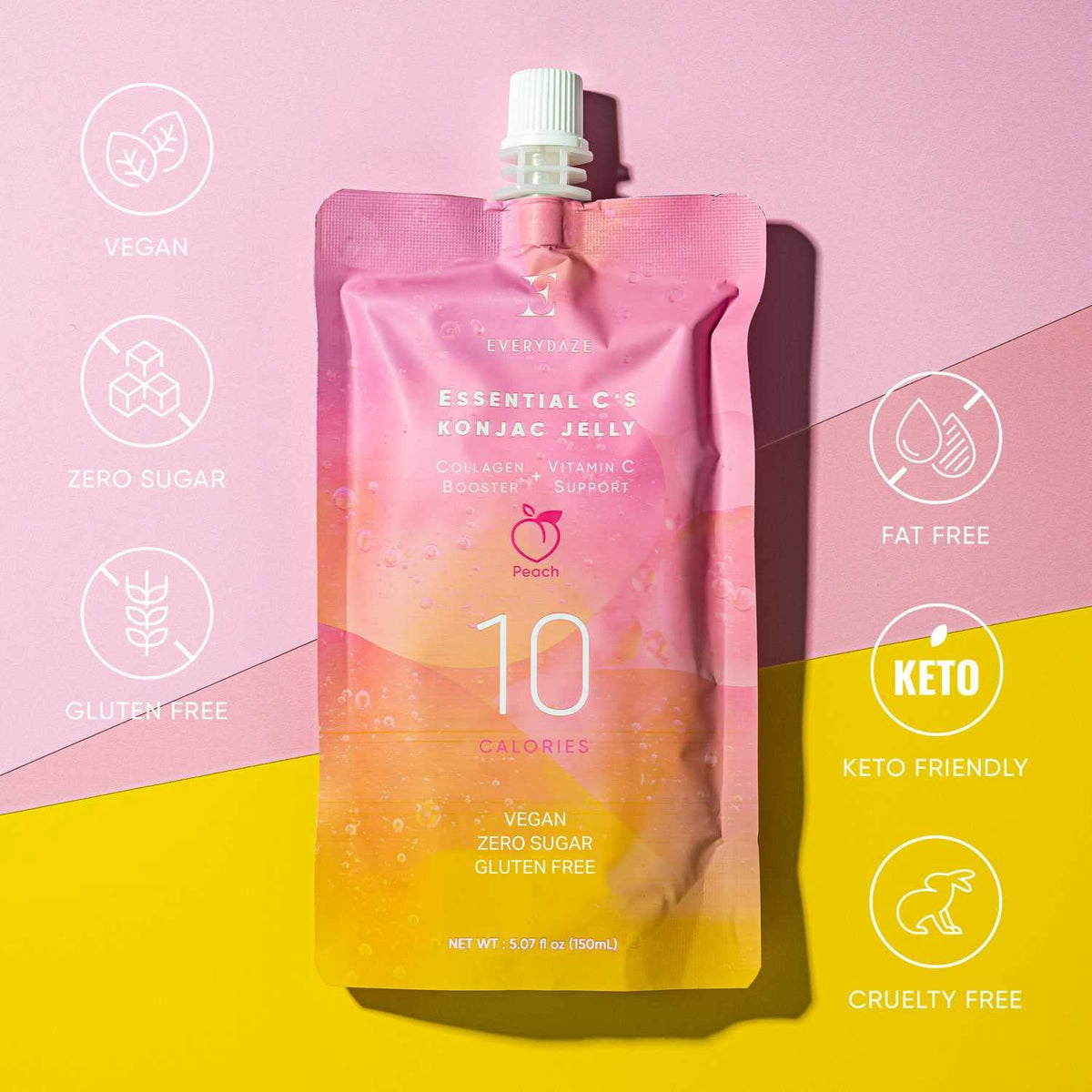 EVERYDAZE Essential Cs Konjac Jelly | Peach | Vegan Collagen Peptides, Gluten Free, Sugar Free, Low Calorie | Healthy Drinkable