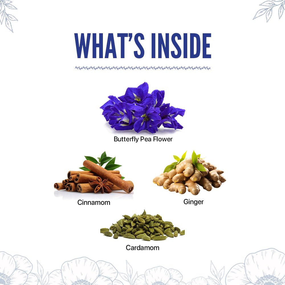 BLUE TEA Herbal Tea - Caffeine Free Butterfly Pea Flower Chai Masala - 12 Plant-Based Pyramid Tea Bags - Gift Box
