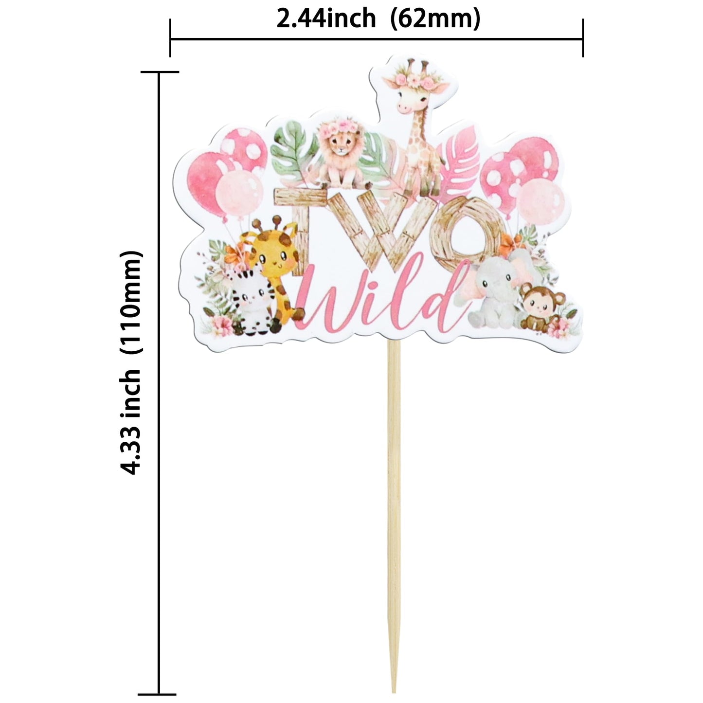 Gyufise Jungle Animal Cupcake Toppers, 36 Pcs, Pink Paper Picks for 2nd Birthday & Baby Shower Decorations