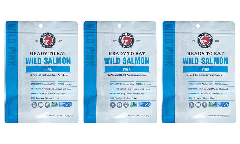 SeaBear - Ready-to-Eat Wild Alaskan Pink Salmon - 3.5 oz - 3 Pack
