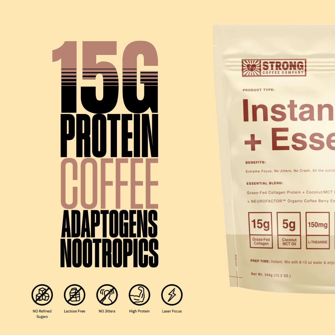 STRONG COFFEE COMPANY  INSTANT HAZELNUT LATTE - 12 Single Serving Packs  15g Protein  Instant Protein Coffee with Collagen  Adaptogens & Nootropics  No Crash  No Jitters