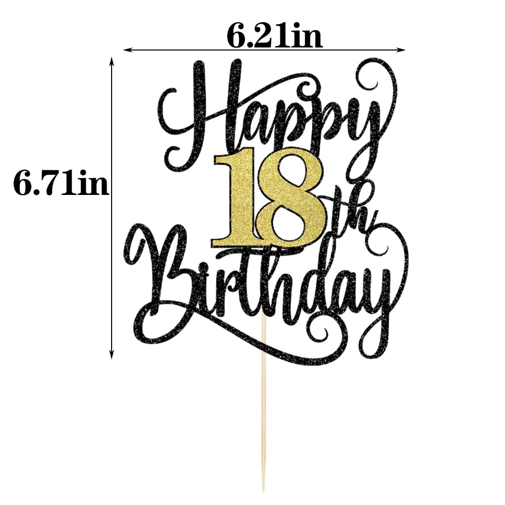 Happy 18Th Birthday Cake Topper, 18 Birthday Party Cake Decorations (Black And Gold Flashes, 18Th)