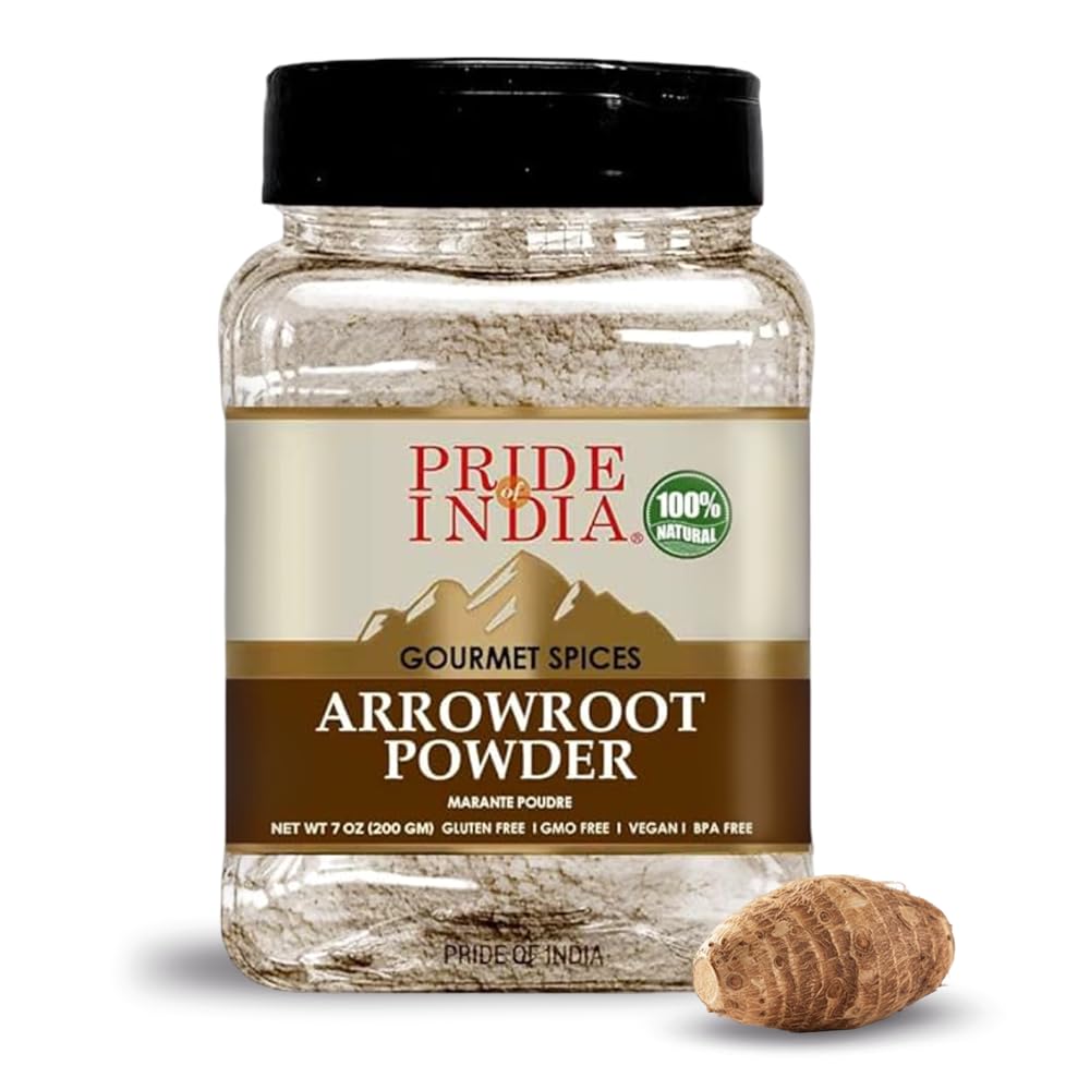 Pride of India – Natural Arrowroot Ground Powder – Baking & Thickening Agent – Gluten & GMO Free – Good for Sauces, Fritters & Fries – Easy to Use – 8 oz. Medium Dual Sifter Jar