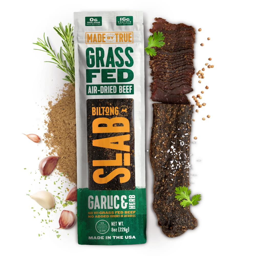 Made By True Garlic & Herb Biltong Slab - Grass-Fed Beef Whole Jerky Slab (8 Oz, Pack Of 1) - High-Protein Keto Snack, Natural,  -Free & Gluten-Free - Uncut Beef Jerky With Bold Garlic Flavor